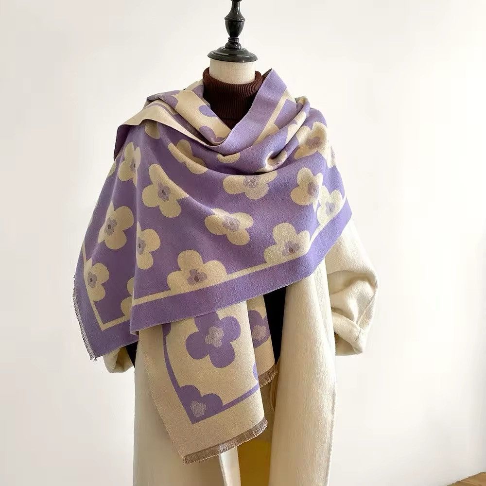Japanese Brand × Vintage Scarf Luxury Double Sided Cashmere Feel Flower Warm Shawl Size ONE SIZE - 2 Thumbnail
