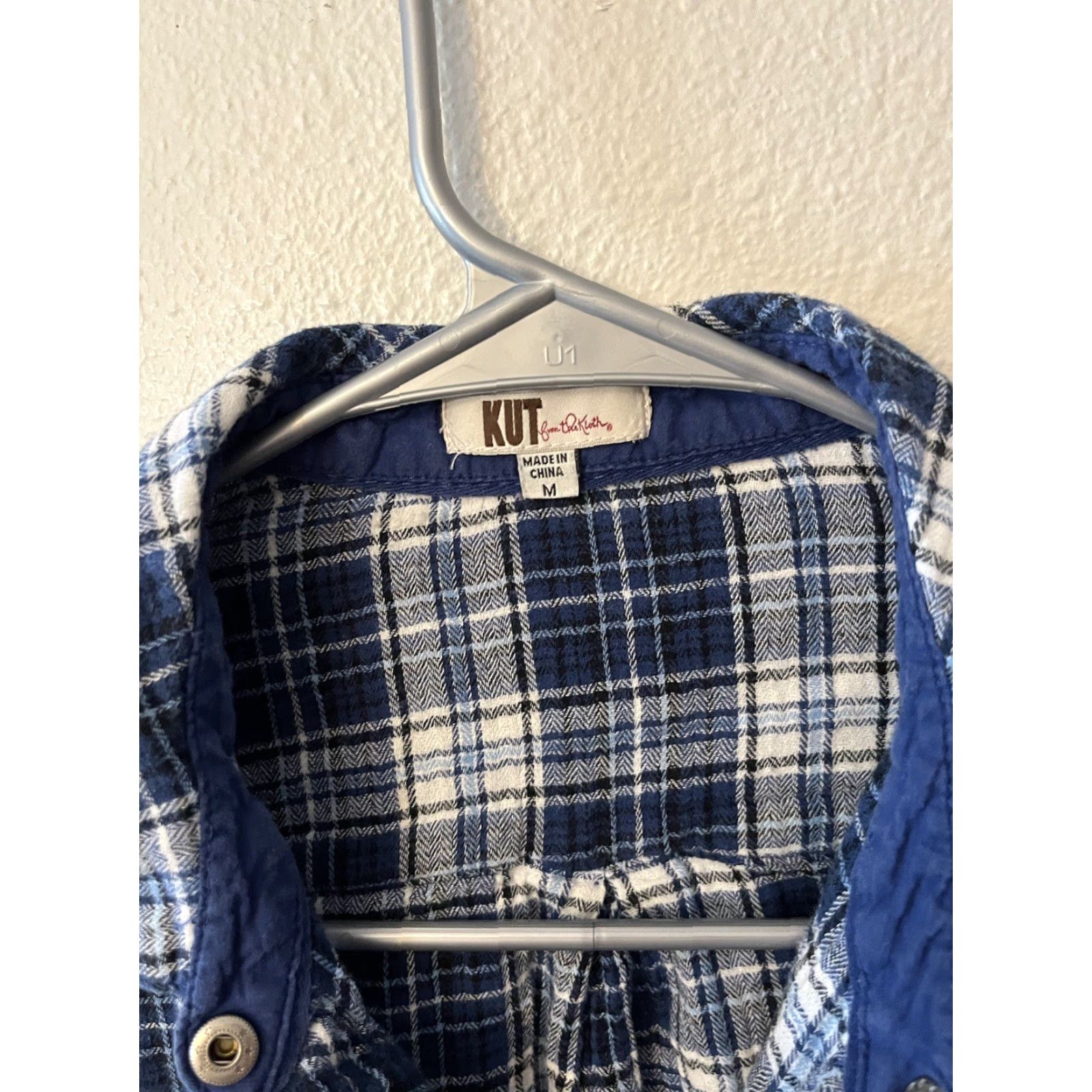 Vintage KUT from the Kloth Womens Plaid Shirt Blue White Snap Front Button Front Collared 100% Cotton Size M Size M / US 6-8 / IT 42-44 - 3 Thumbnail