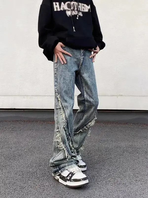 Japanese Brand × Jean Vintage washed fringed raw edge straight-leg jeans Size US 32 / EU 48 - 4 Thumbnail