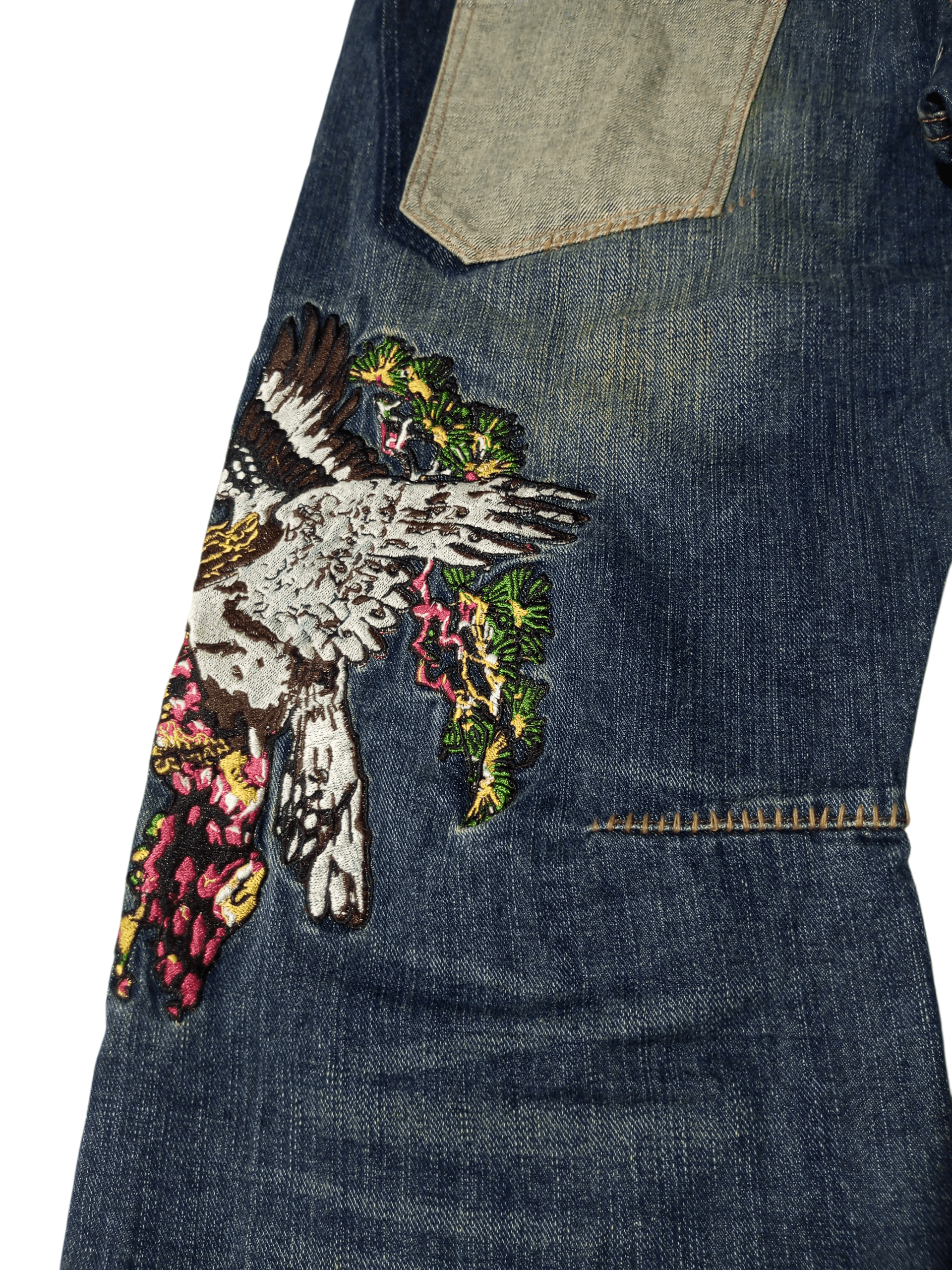 Karakuri Tamashii Vintage exhibitionist embroidery distressed flared denim Size US 33 - 7 Thumbnail