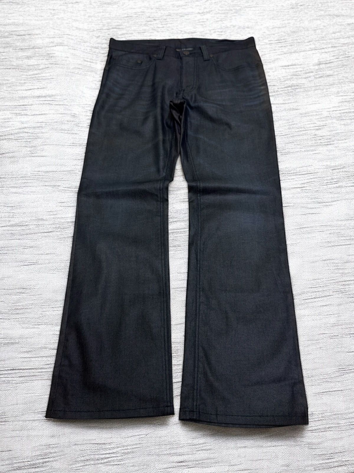 Vintage Flare Comme Ça Men Waxed Black Jeans Coated Back Faded Marks Size US 31 - 1 Thumbnail