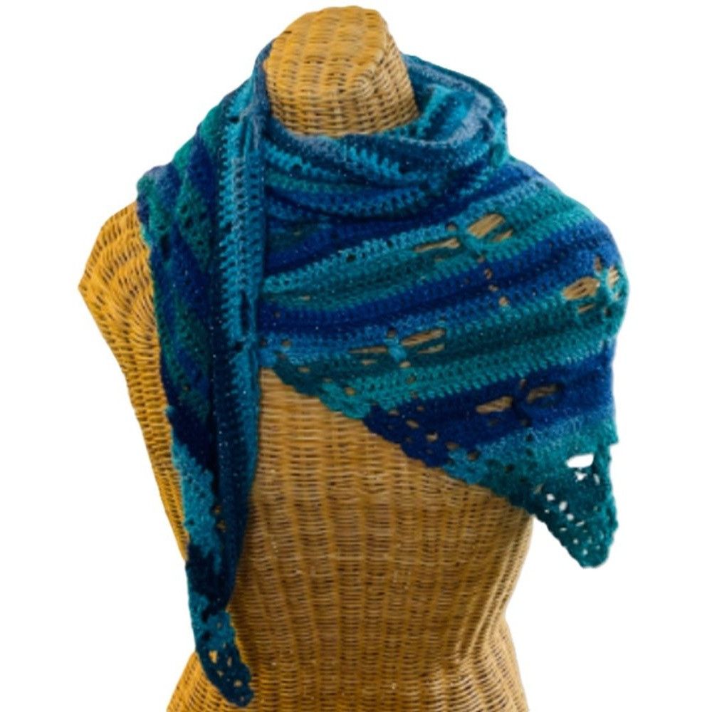 Handmade Crochet Shawl Cowl Wrap Dragonfly Cut Outs Blue Green 68" x Size ONE SIZE - 2 Thumbnail
