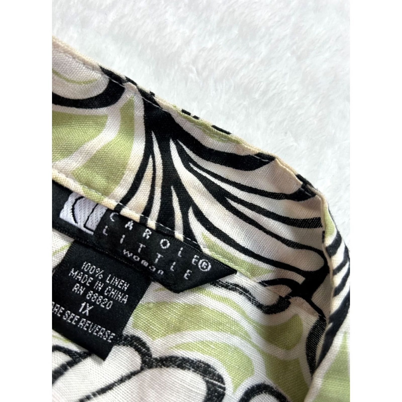 Vintage Carole Little Woman Linen Floral Print Button Down Shirt Top 1X Green Black - Casual Shirt Women, 3/4 Sleeve, Lightweight, Bohemian, Vintage No Size XL / US 12-14 / IT 48-50 - 4 Thumbnail