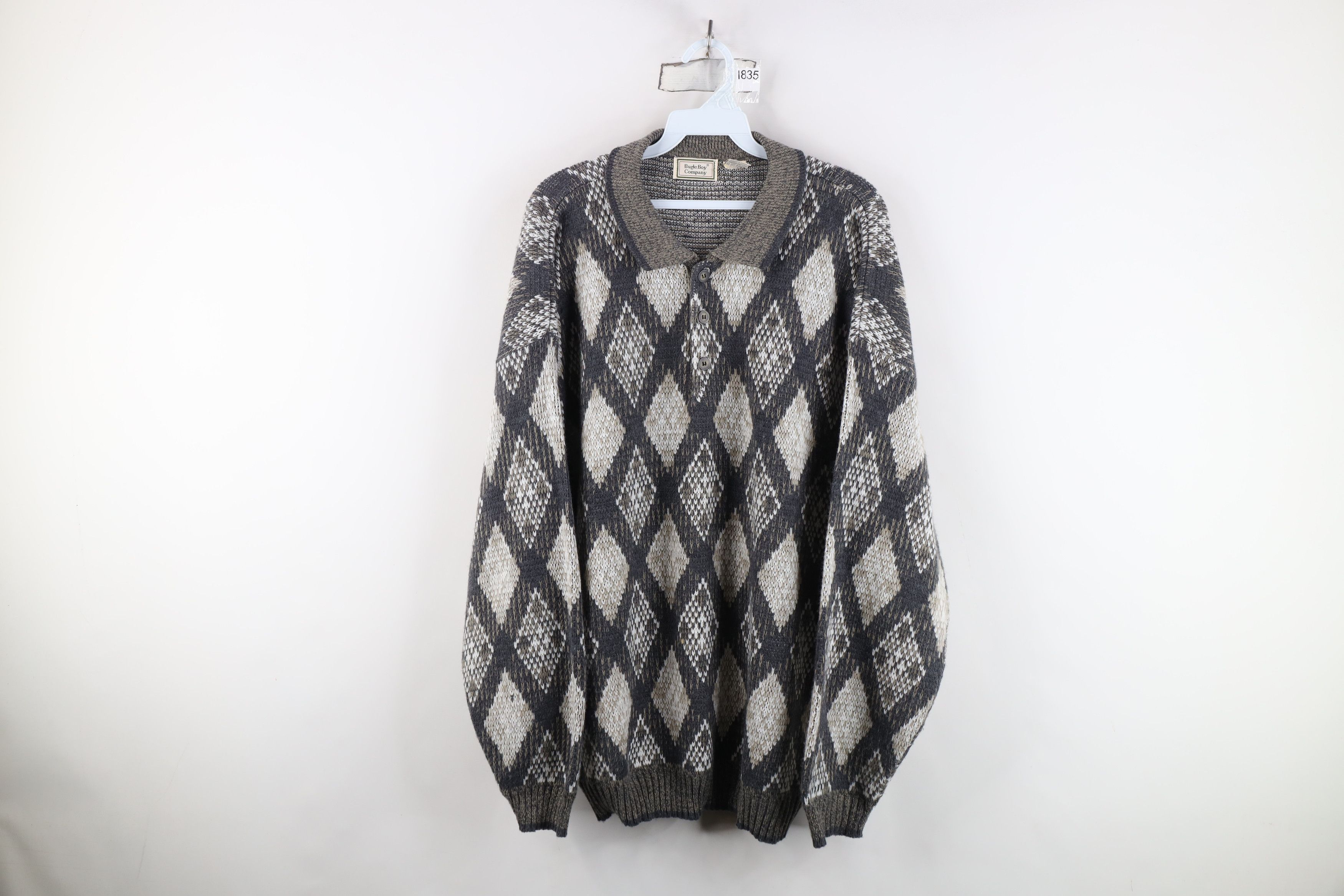 Vintage Vintage 90s Streetwear Argyle Diamond Knit Collared Sweater Size US XXL / EU 58 / 5 - 1 Thumbnail