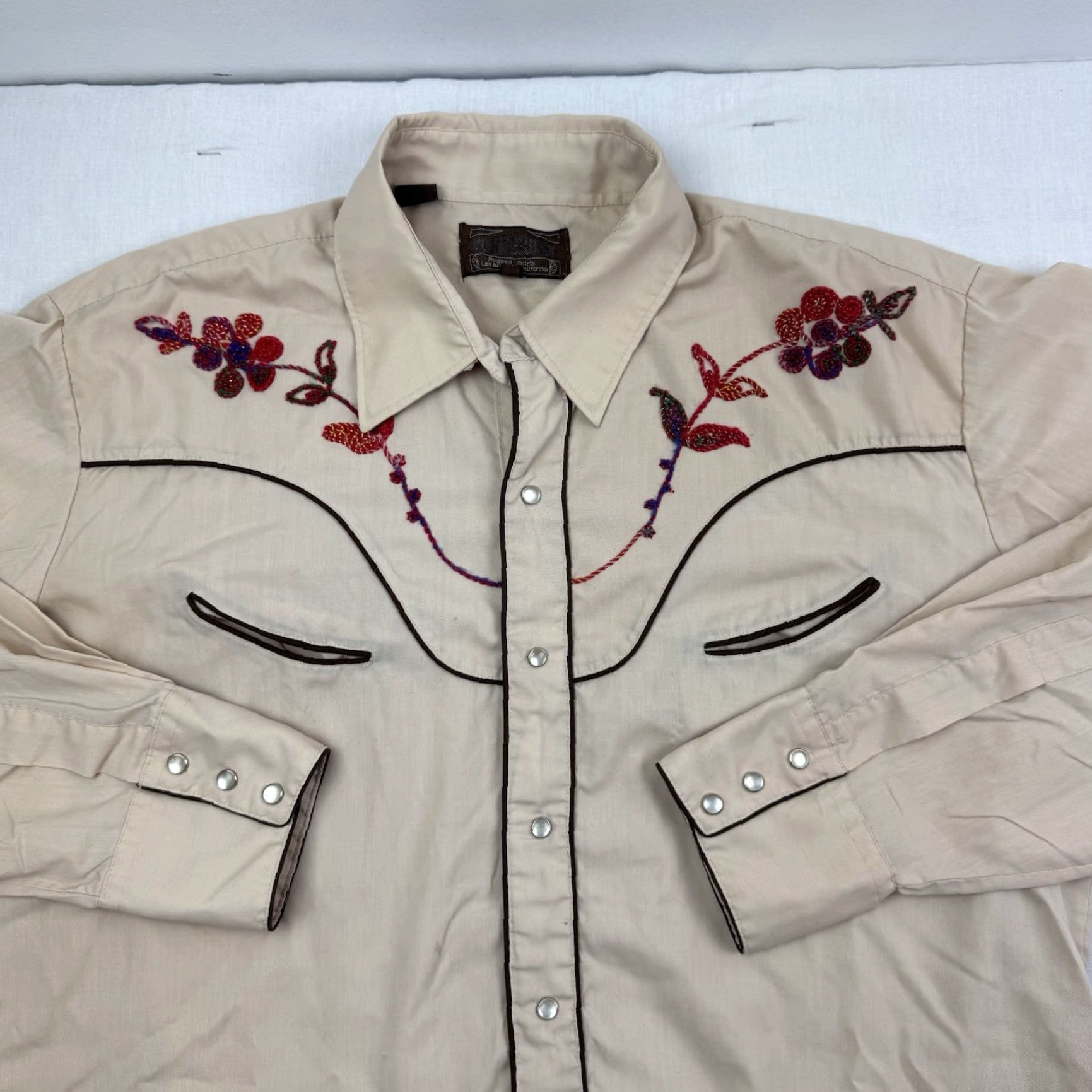 Vintage VINTAGE Ponderosa Shirt Adult XL Cow­boy Western Pearl Snap Embroidered Beige 80s 90s Casual Mens Size US XL / EU 56 / 4 - 7 Thumbnail