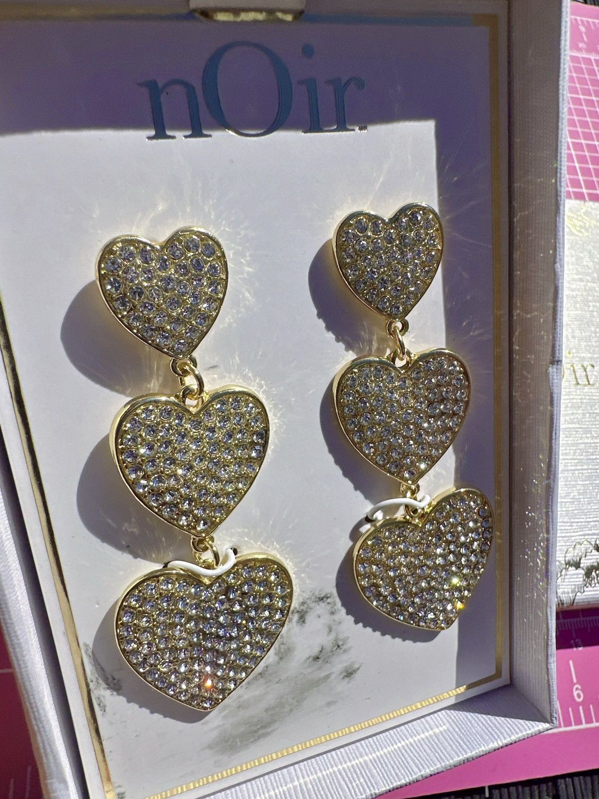 Designer Noir earrings gold tone diamond paved hearts drops tassels Size ONE SIZE - 2 Thumbnail