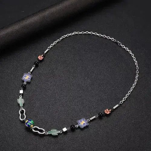 Charm Necklace Cactus Chain Jewelry World Art Classic Flame in Silver, Men's