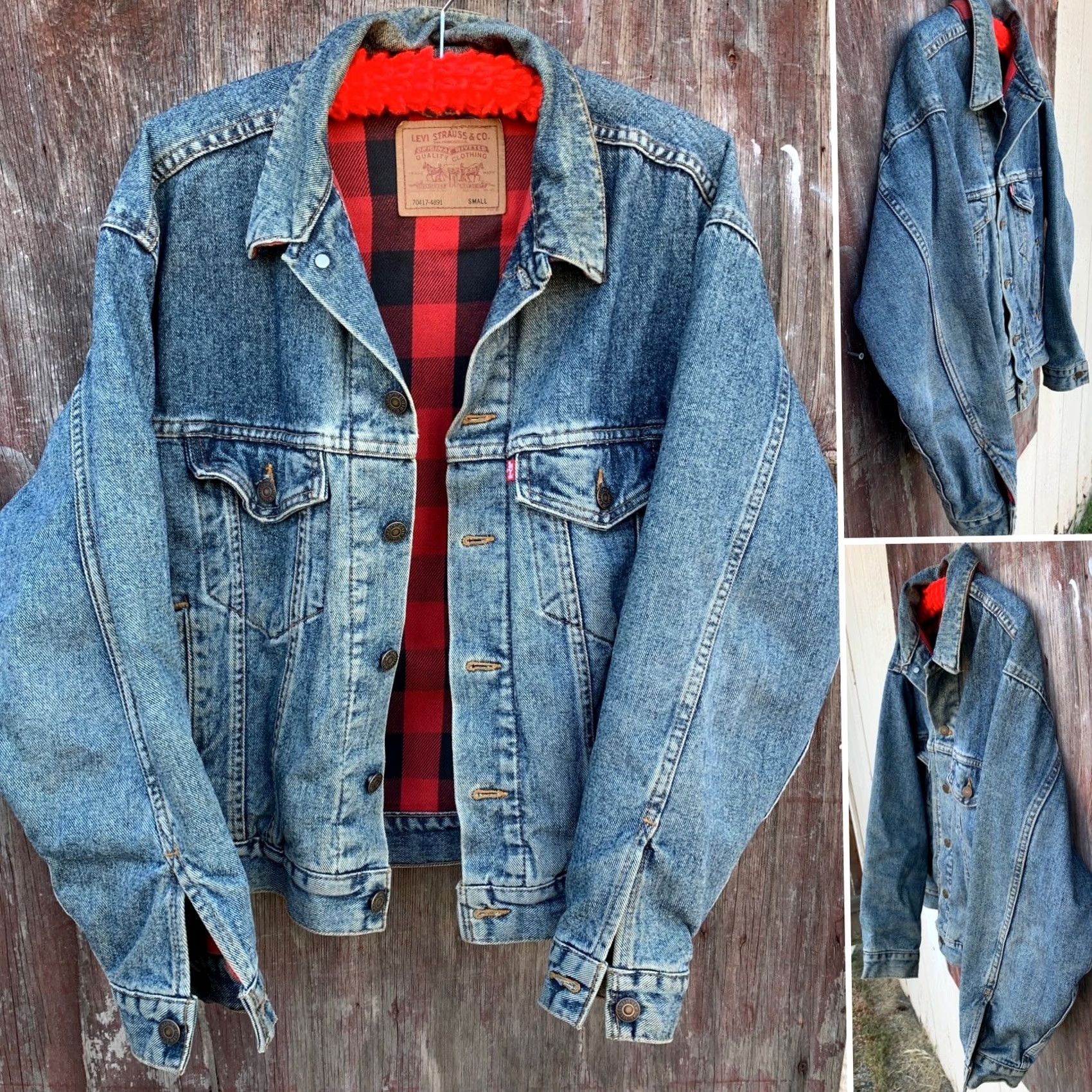 Levi's VINTAGE Levi's Denim Jacket Buffalo Plaid Lined Made In USA Cowboy Core Trucker S Mens Jacket Wide Western 70417-4891 Blue Denim Cotton Lined Vintage Size US S / EU 44-46 / 1 - 4 Thumbnail