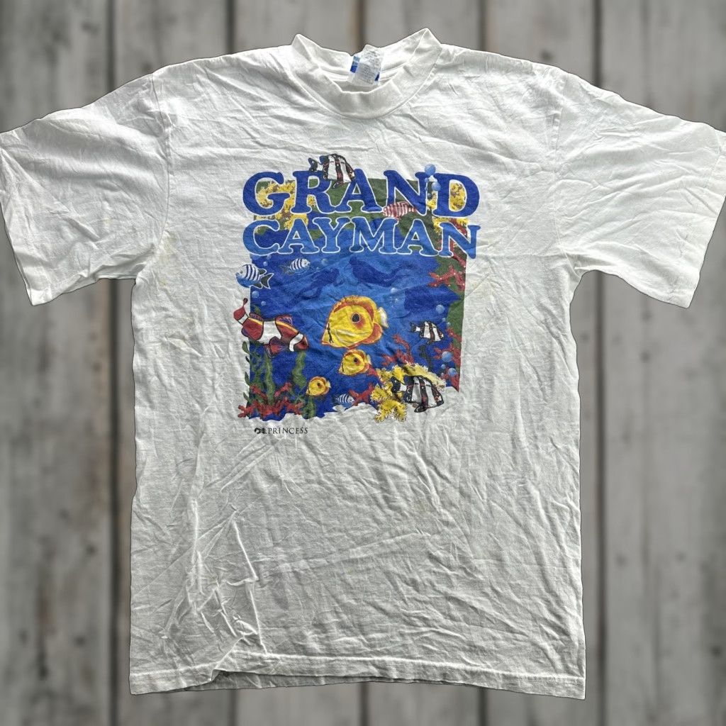 Prince VINTAGE Princess Grand Cayman Shirt Mens Large White Crew Neck Short Sleeve Graphic Print Ocean Fish Beach Travel Marine 90s Mens Size US L / EU 52-54 / 3 - 1 Thumbnail