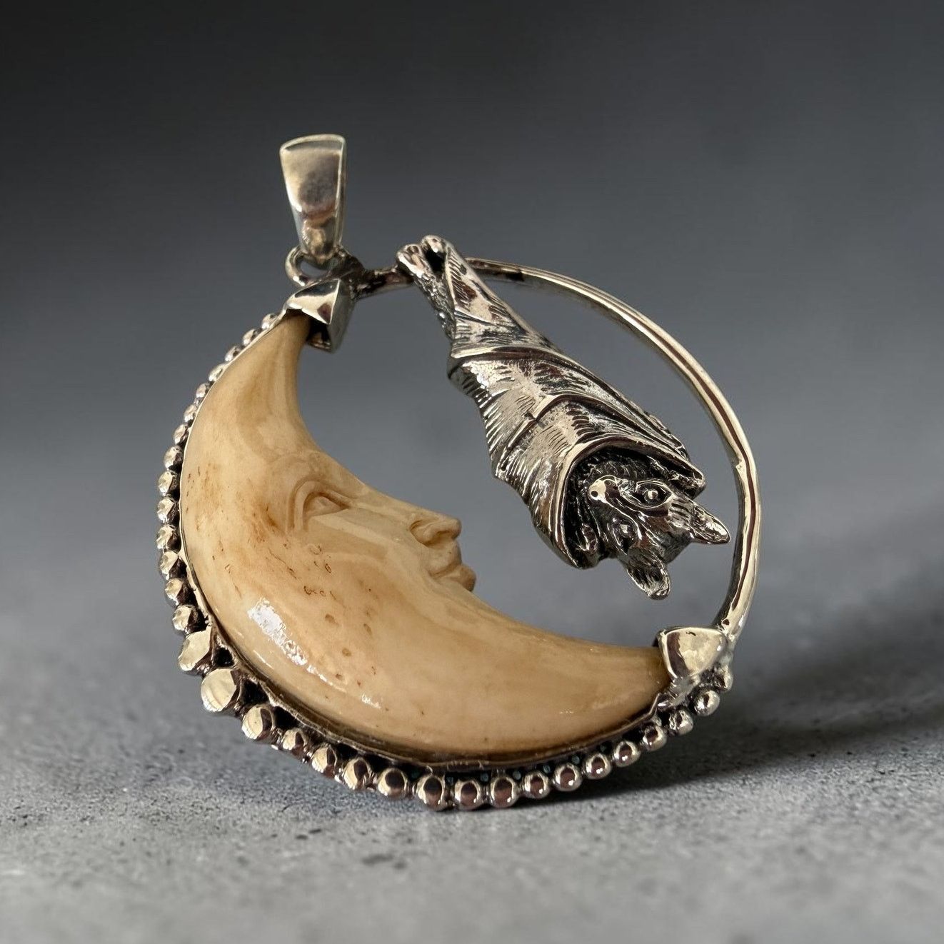 Other Sterling Silver Bat Moon Pendant Carved Tea Bone Gothic Size ONE SIZE - 1 Thumbnail