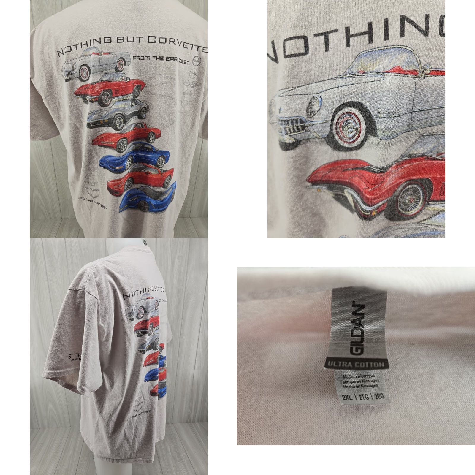 Gildan VINTAGE Nothing But Corvette Chevrolet St Thomas Virgin Islands T Shirt 2XL Mens Cream Distressed 2XL Short Sleeve Crew Neck Cotton T-Shirt Size US XXL / EU 58 / 5 - 8 Thumbnail