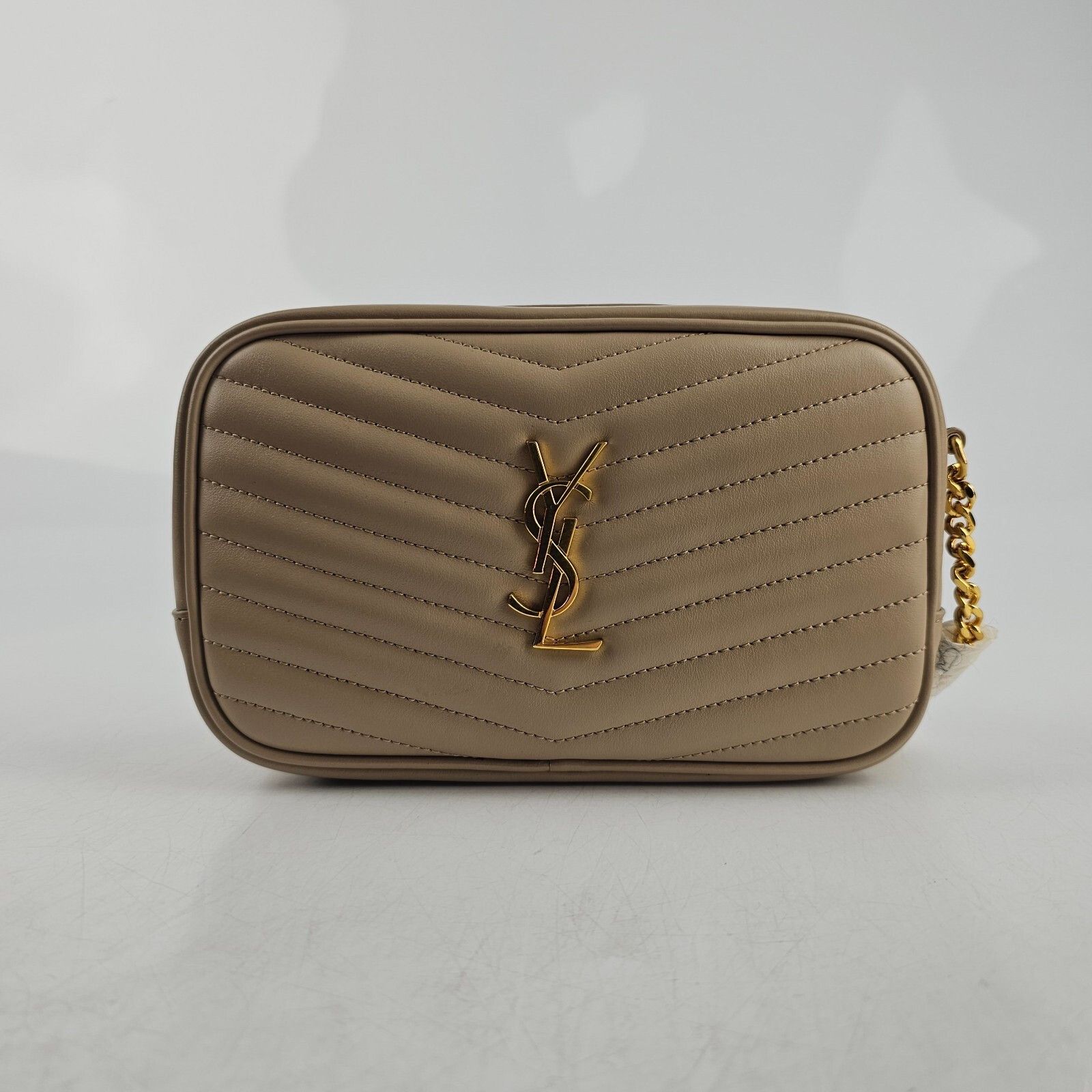 SAINT LAURENT Mini Lou $1550 Dark Beige Quilted Leather Shou