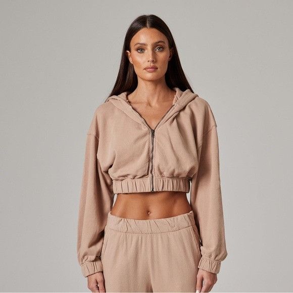 Designer × Talentless NEW TALENTLESS BEIGE CROP FULL ZIP HOODIE JACKET SZ SMALL S Size S / US 4 / IT 40 - 1 Thumbnail