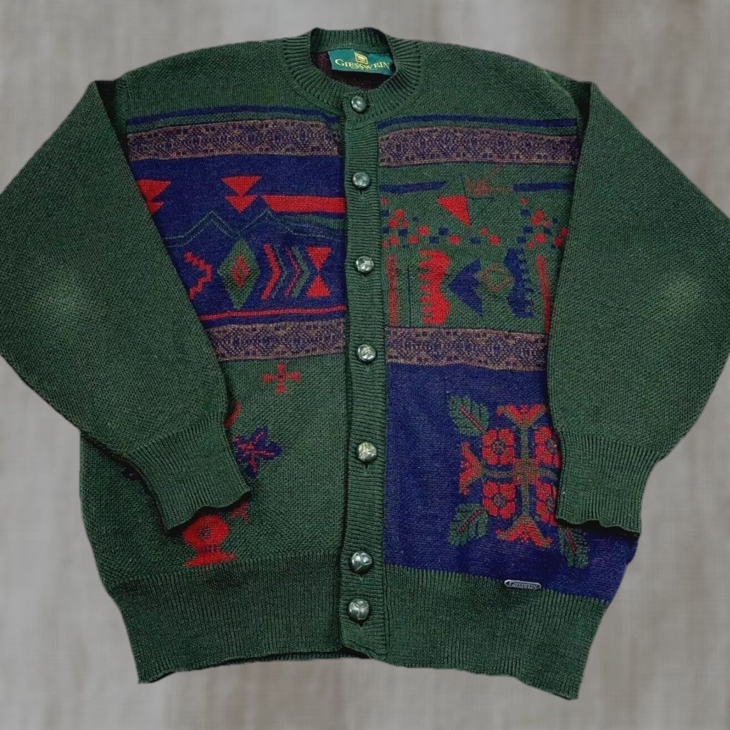 Vintage Giesswein Wool Cardigan Sweater Medium Green Blue Geometric Knit Mens Size US M / EU 48-50 / 2 - 1 Thumbnail