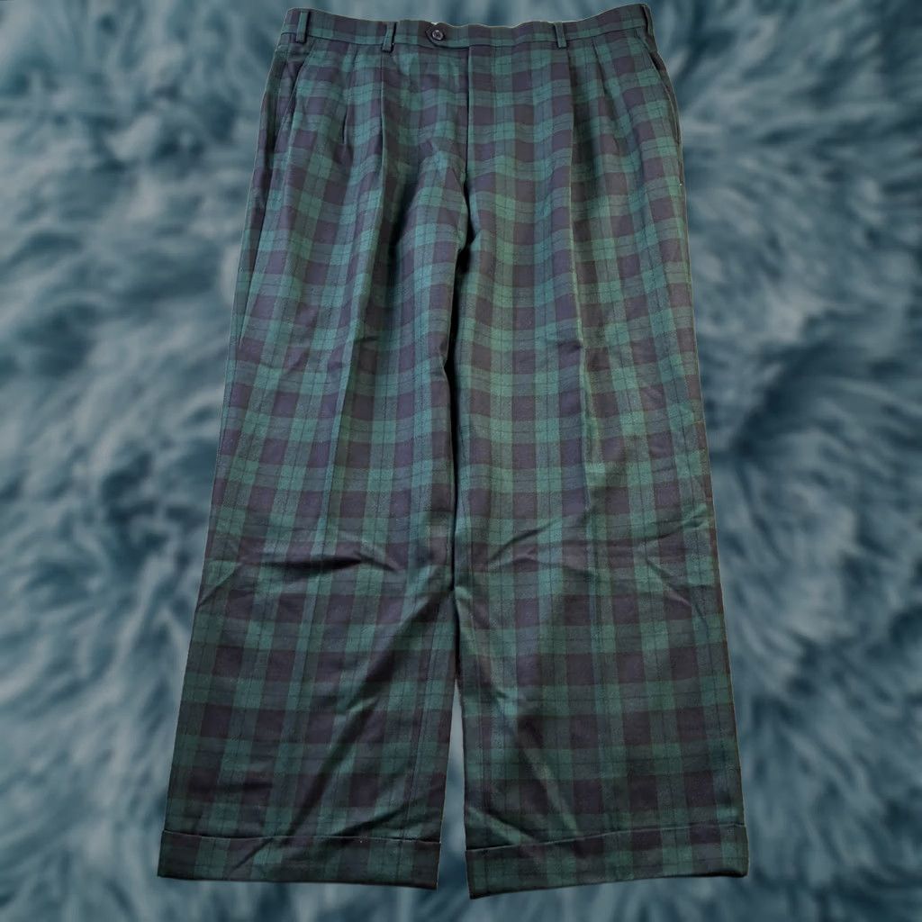Vintage Paul Fredrick Pants Mens 39 Green Blue Tartan Plaid Pleated Wool Chino Straight Classic Casual Formal Dressy 5-Pocket Zipper Button Inseam 30in Size US 39 - 1 Thumbnail