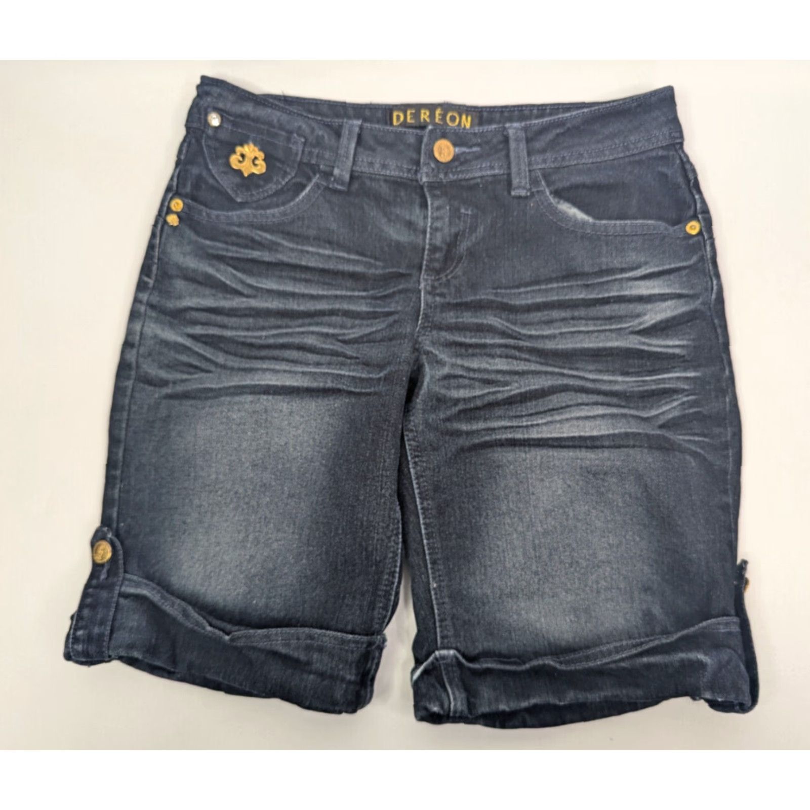 Vintage Dereon Dark Wash Jean Shorts Women’s 7/8 Fleur de Lis Jeweled Back Pockets Short Cotton Denim Spandex Stretch Flat Front Regular Size 28" / US 6 / IT 42 - 4 Thumbnail