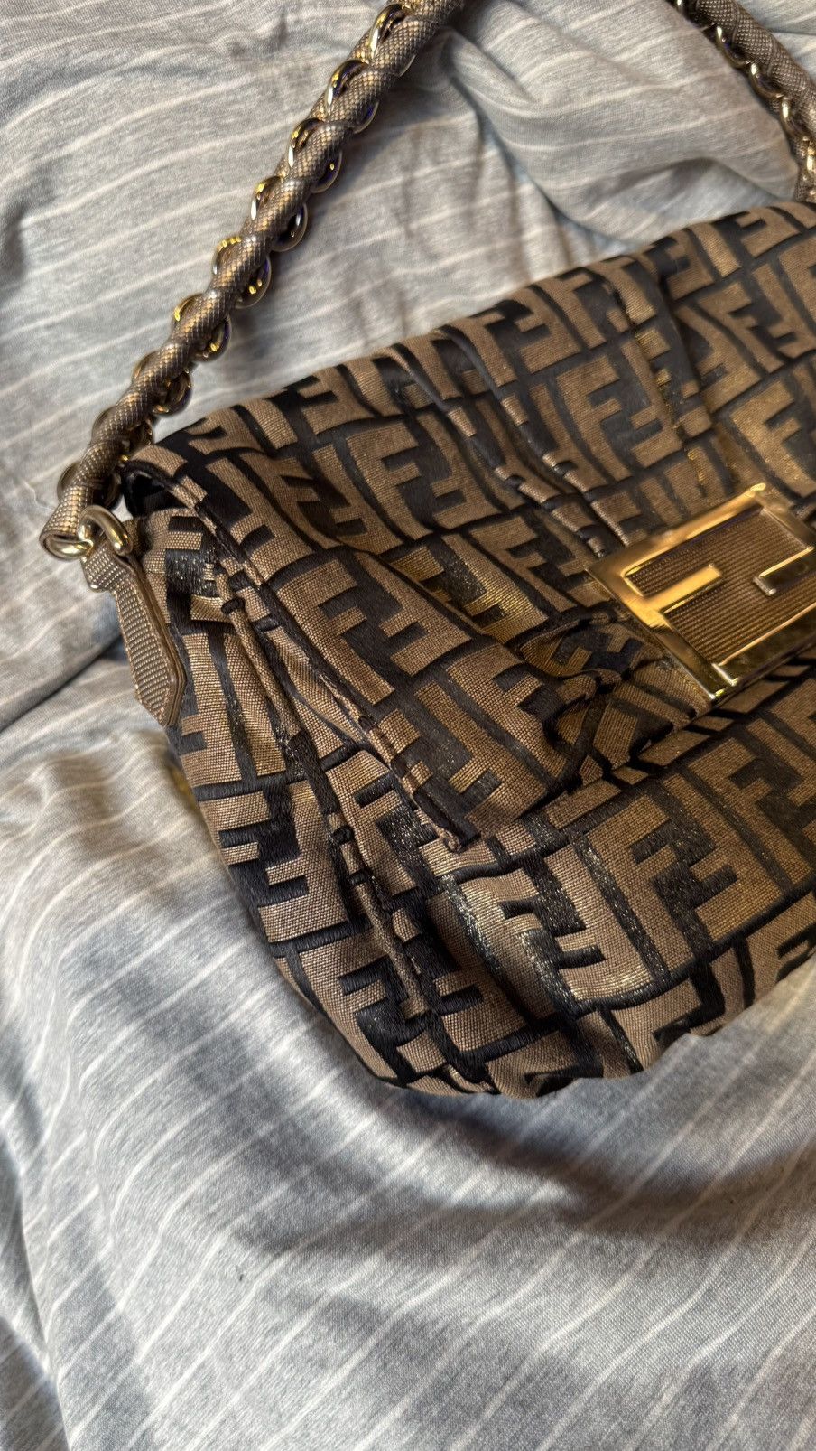 Fendi FENDI Gold/Black Zucca Print Canvas Mia Flap Bag Size ONE SIZE - 8 Thumbnail
