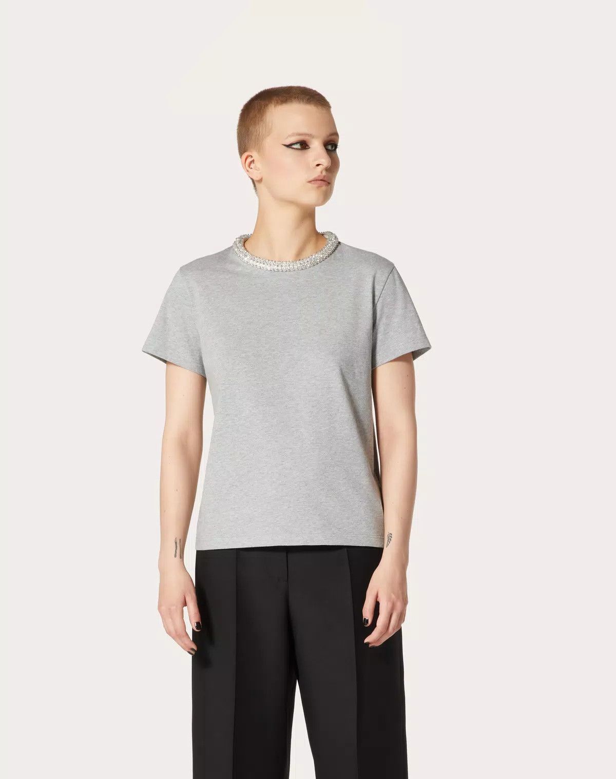 Valentino o1s1wg110625 Embroidered Jersey T-Shirt in Grey Size L / US 10 / IT 46 - 3 Thumbnail