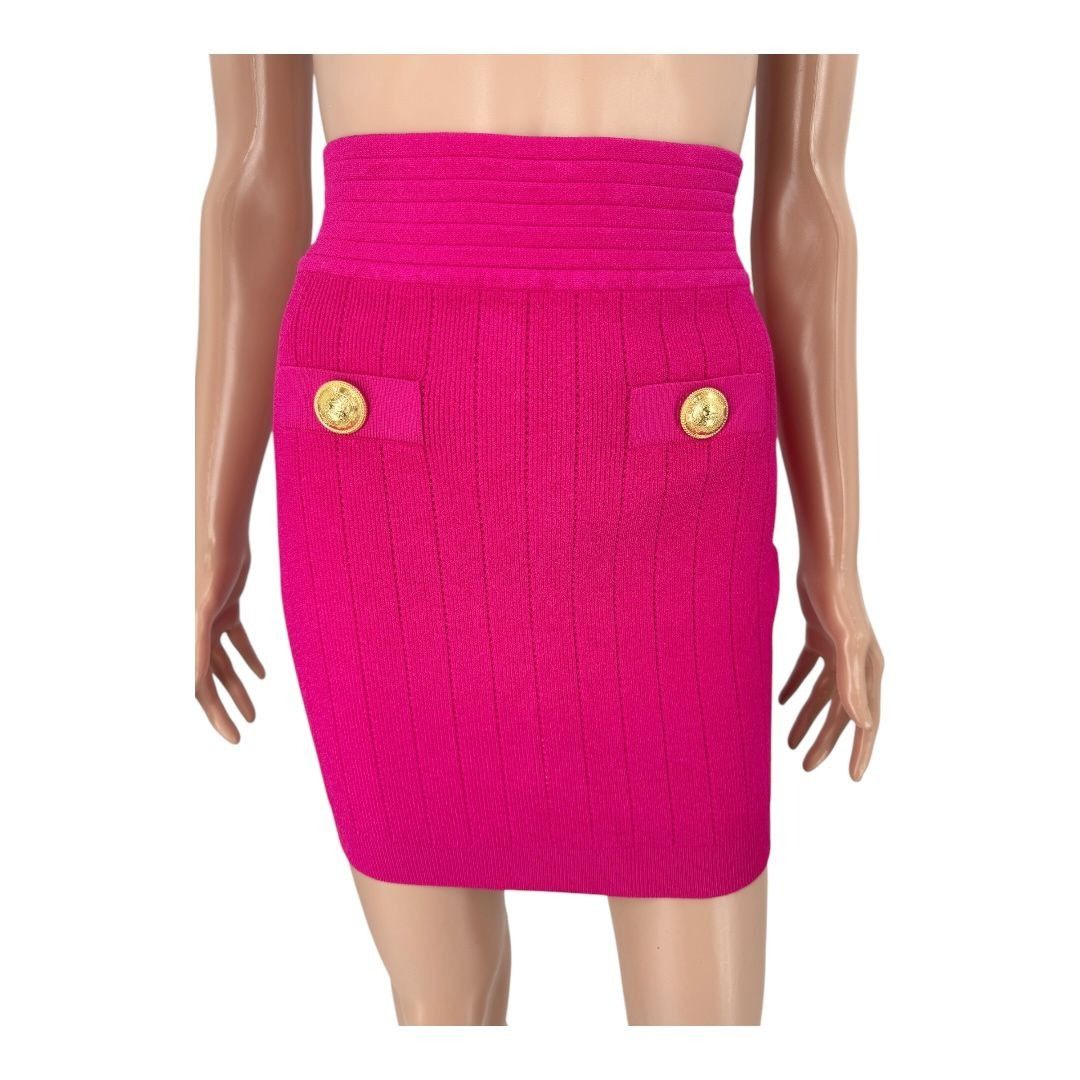 Balmain Ribbed Knit Mini Skirt Fuchsia Button FR36 US4 NWT