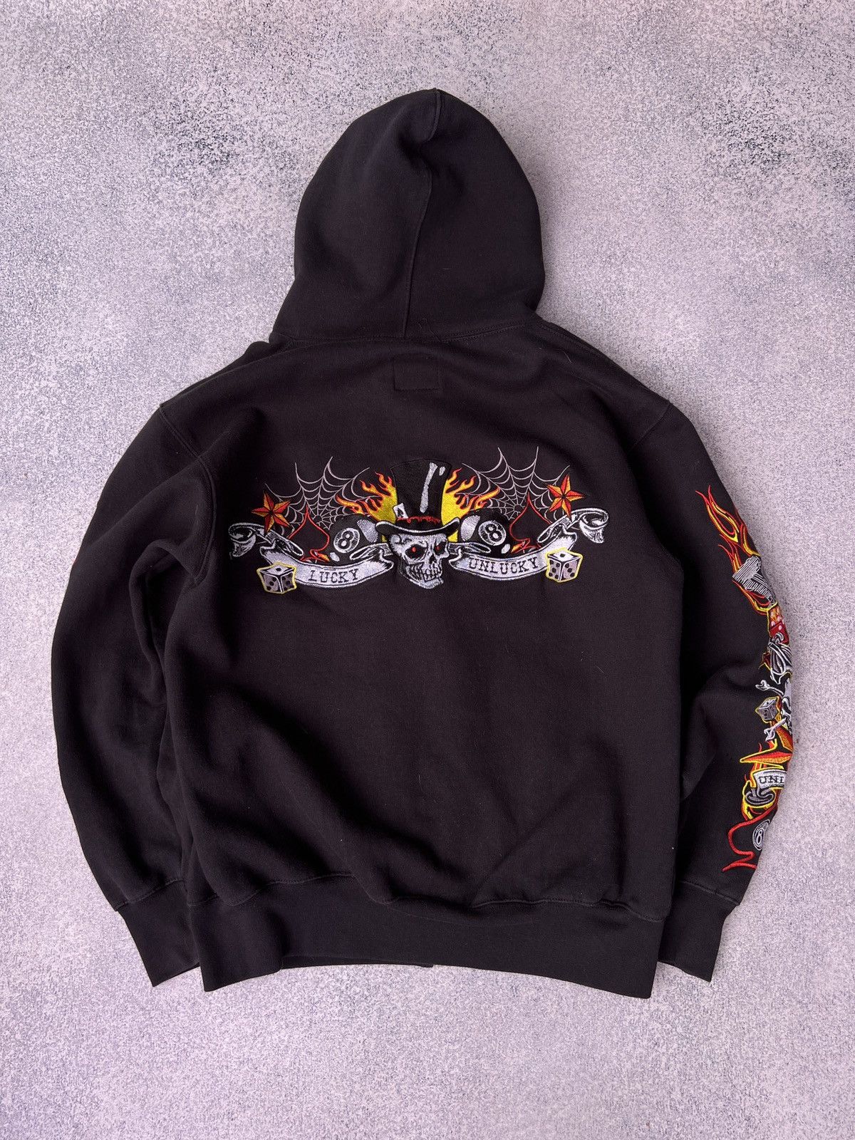 image of Vintage Lucky Unlucky Ed Hardy Style Women’S Zip Hoodie in Black, Women's (Size Medium)