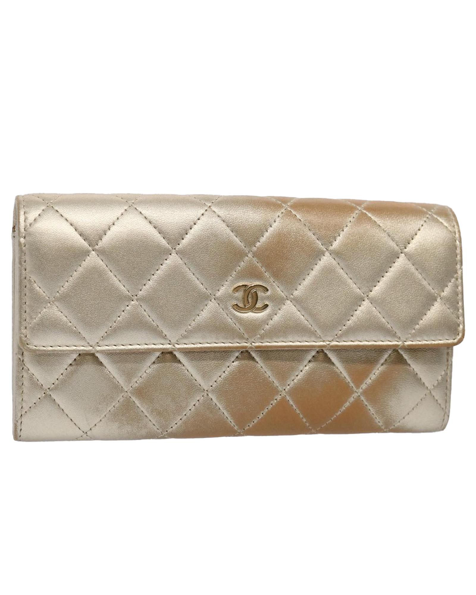 image of Gold Tone Lamb Skin Long Wallet With Cc Logo By Chanel, Women's