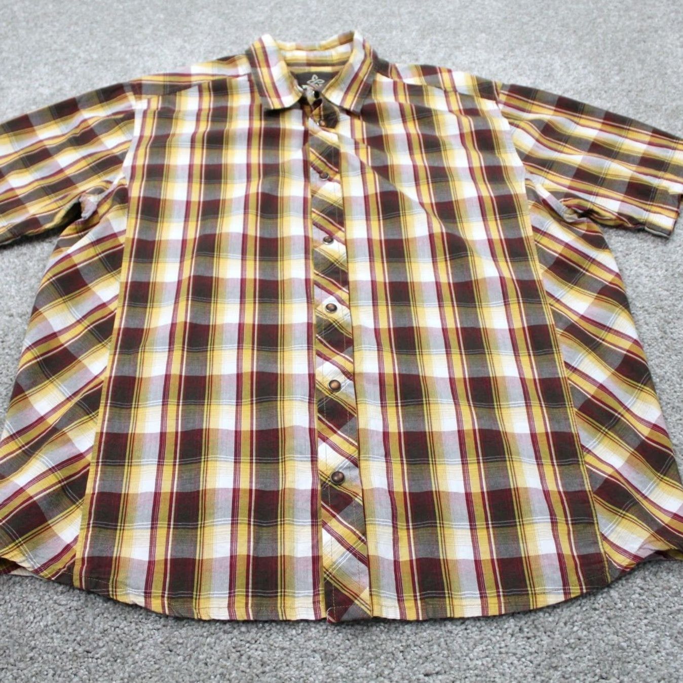 Prana prAna Pearl Snap Shirt Mens M Brown/Yellow/Red/Black S/S Organic Cotton Shirt Size US M / EU 48-50 / 2 - 2 Thumbnail