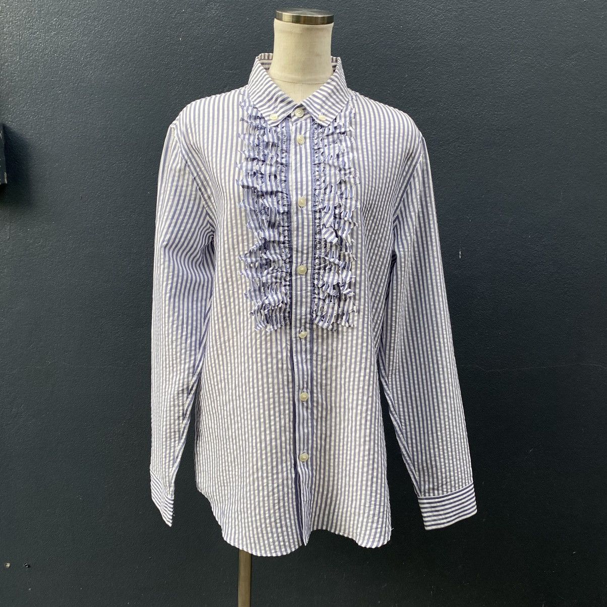 Ne-Net Ne-net Blue and White Striped Ruffle Front Shirt Size US L / EU 52-54 / 3 - 3 Thumbnail