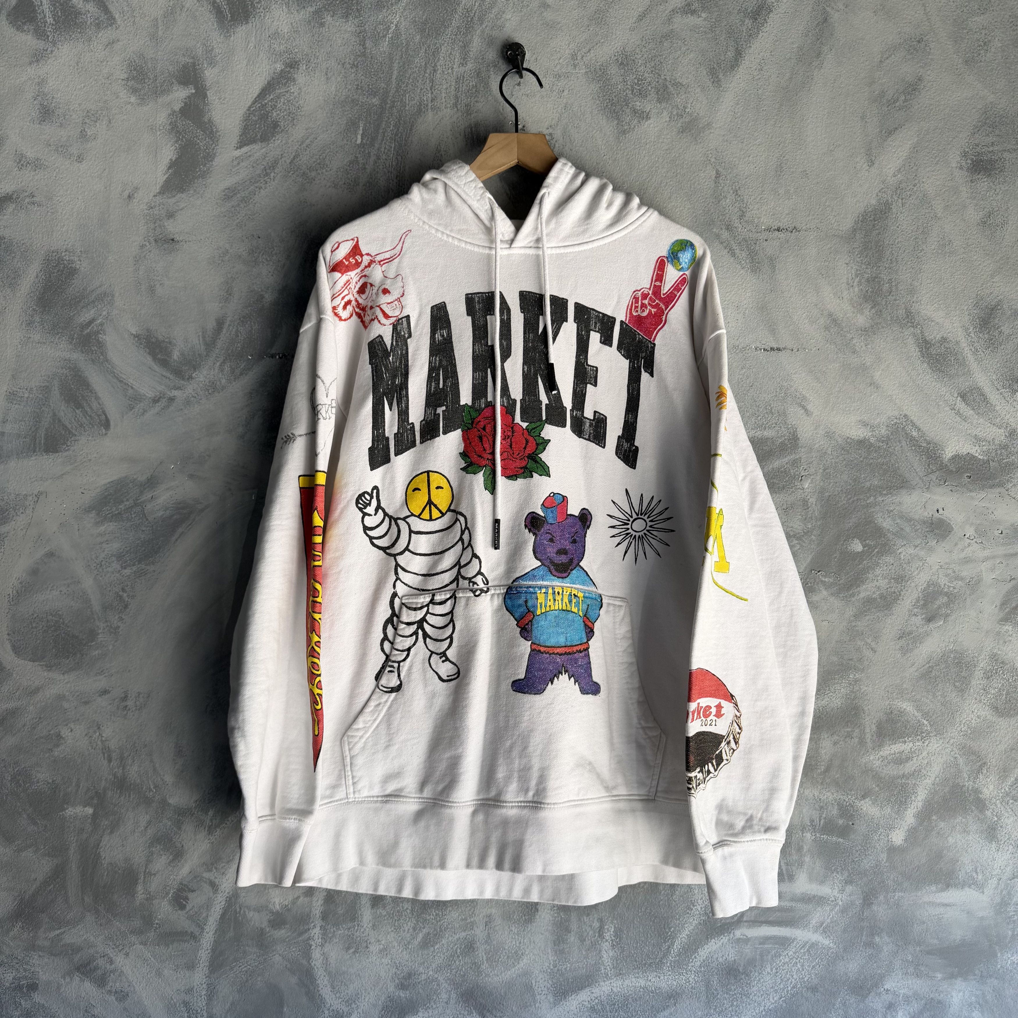 Market MARKET Varsity Hand Drawn Hoodie Sweatshirt Mens XL White Size US XL / EU 56 / 4 - 1 Thumbnail