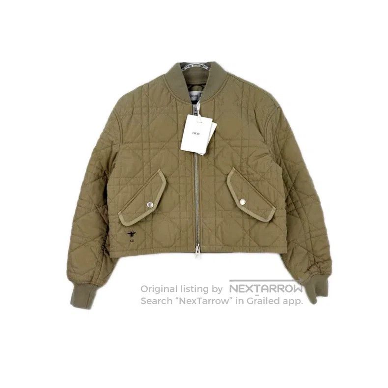 Dior Khaki embroidered bee plaid flight jacket cotton clot