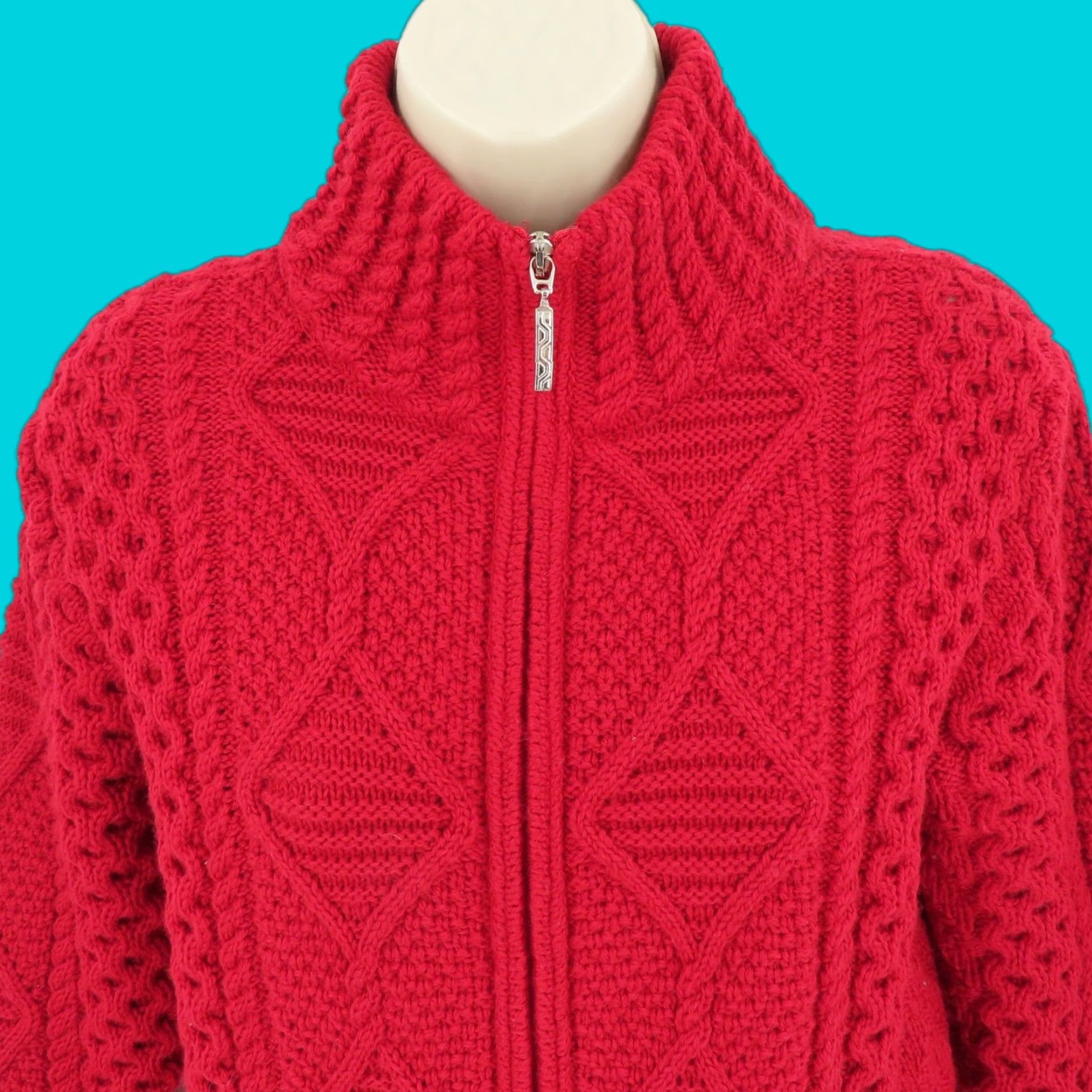 Vintage Blarney Aran Originals Womens XS Red Wool Knit Zip Sweater Size XS / US 0-2 / IT 36-38 - 1 Thumbnail