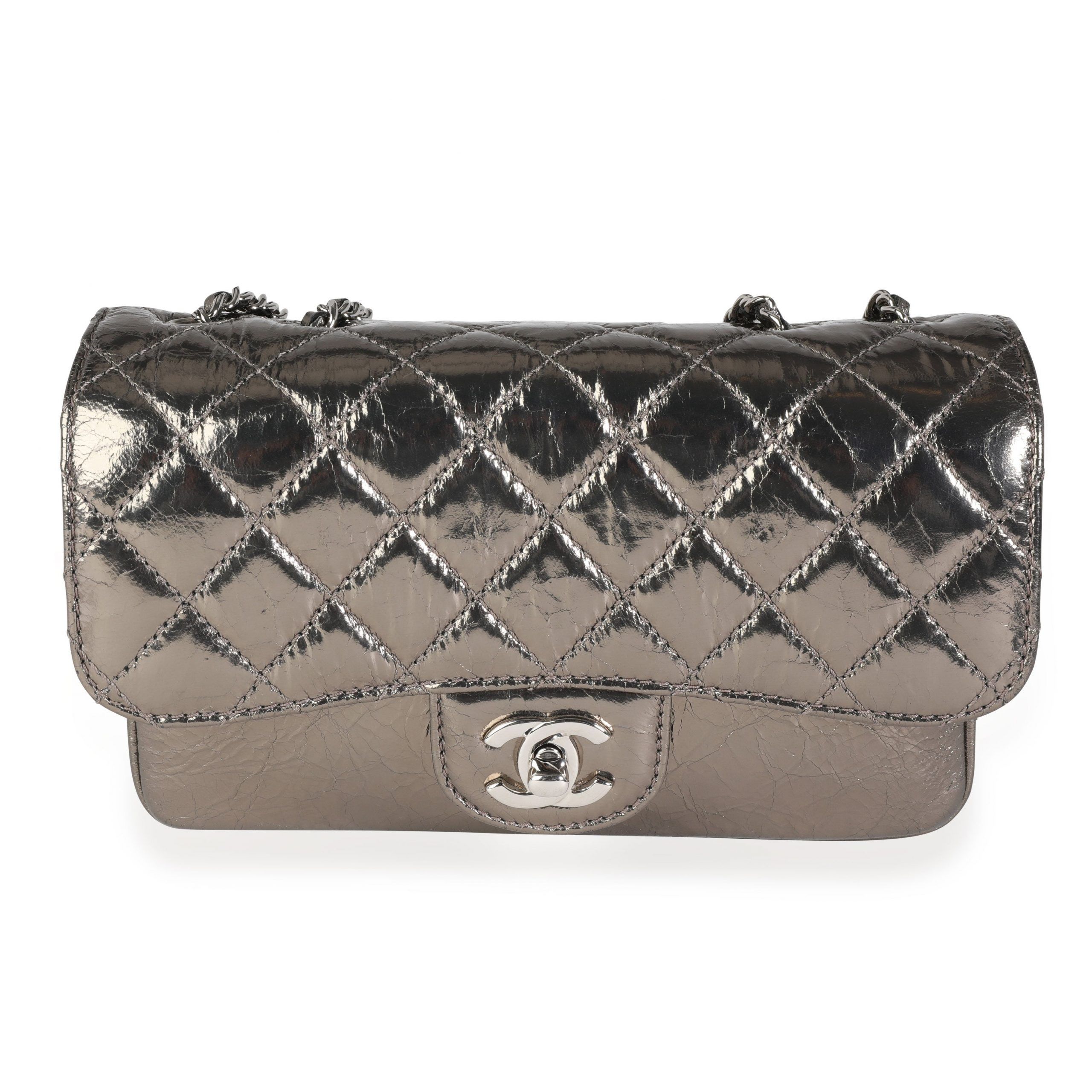 image of Chanel Metallic Cracked Leather Clams Pocket Accordion Flap Bag in Silver, Women's
