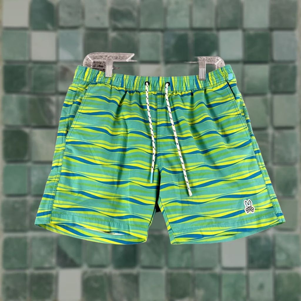 Psycho Bunny Psycho Bunny Swim Trunks Mens Medium Green Wavy Stripe Drawstring Shorts Size US 31 - 1 Thumbnail