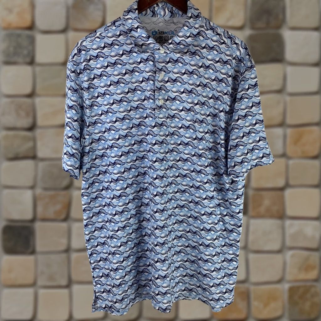 Vintage IBKUL Shirt Mens XL Blue Polo Wave Print UPF Performance Short Sleeve Size US XL / EU 56 / 4 - 1 Thumbnail