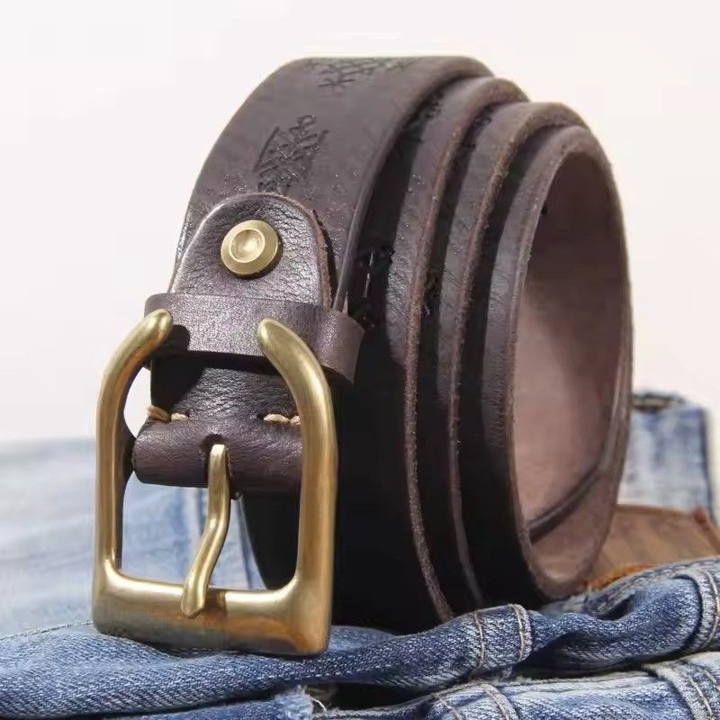Leather × Vintage Thick Cowhide Brass Horn-shaped Buckle Belt Size ONE SIZE - 1 Thumbnail