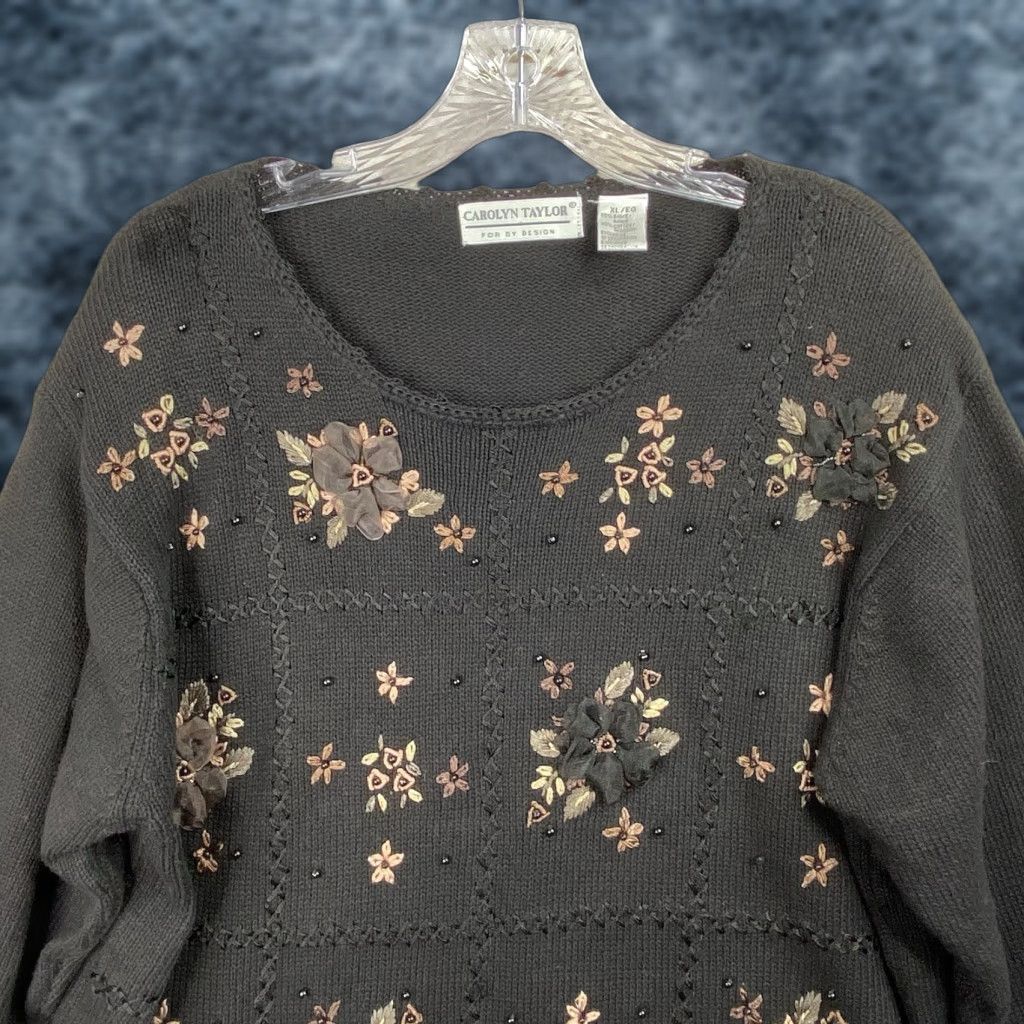 Vintage VINTAGE Carolyn Taylor Sweater XL Black Floral Embroidered Cable-Knit Pullover 90s Womens Kathy? Size XL / US 12-14 / IT 48-50 - 1 Thumbnail