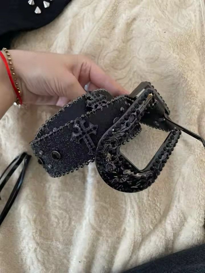 Japanese Brand Black Cross Rivet 115 cm Belt Engraved Buckle Rhinestone Size ONE SIZE - 5 Thumbnail
