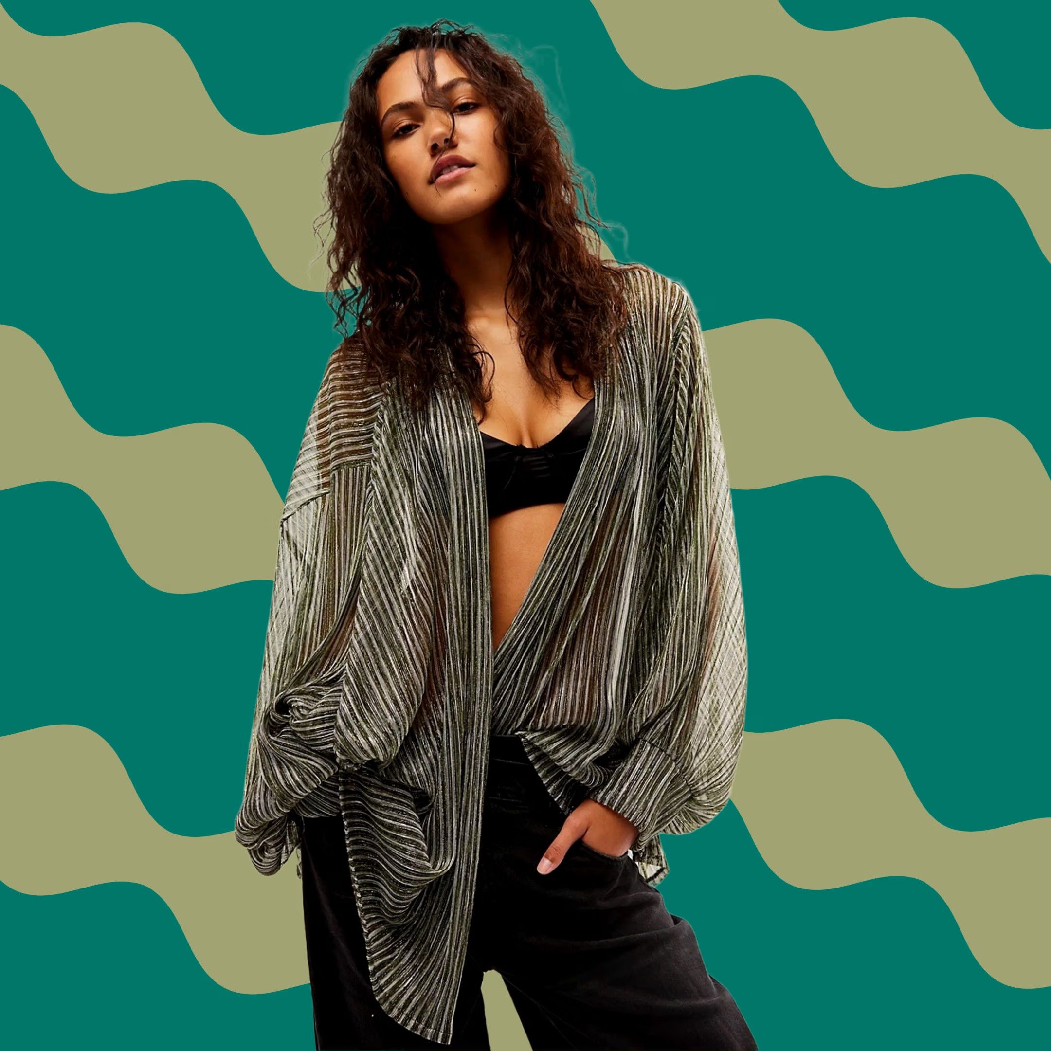 Free People Free People Women Patina Green Shimmer Striped Open Front Kimono Cardigan OS Size ONE SIZE - 1 Thumbnail