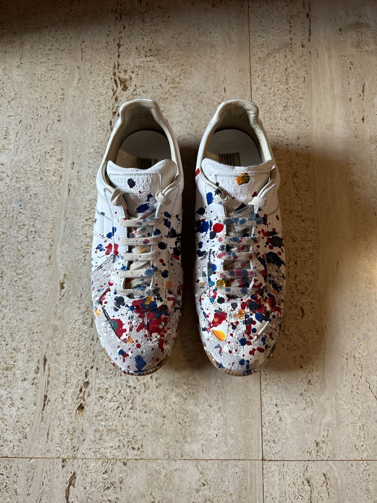 image of Maison Margiela White Leather Paint Splatter Men’S Sneakers, Men's (Size 8)