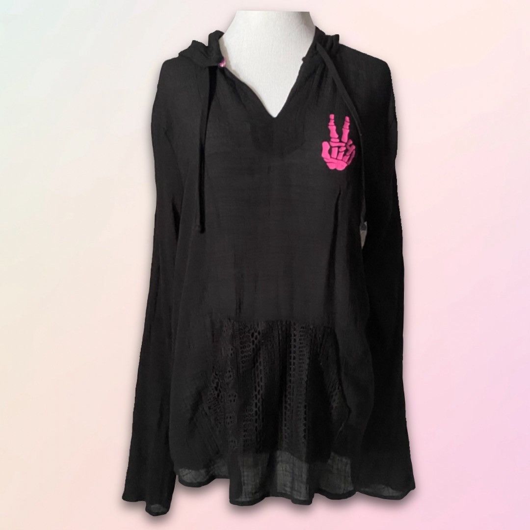 Vintage Retro, Peace Sign Skeleton, Upcycled, Hooded, Cover-Up Tunic Size S / US 4 / IT 40 - 1 Thumbnail