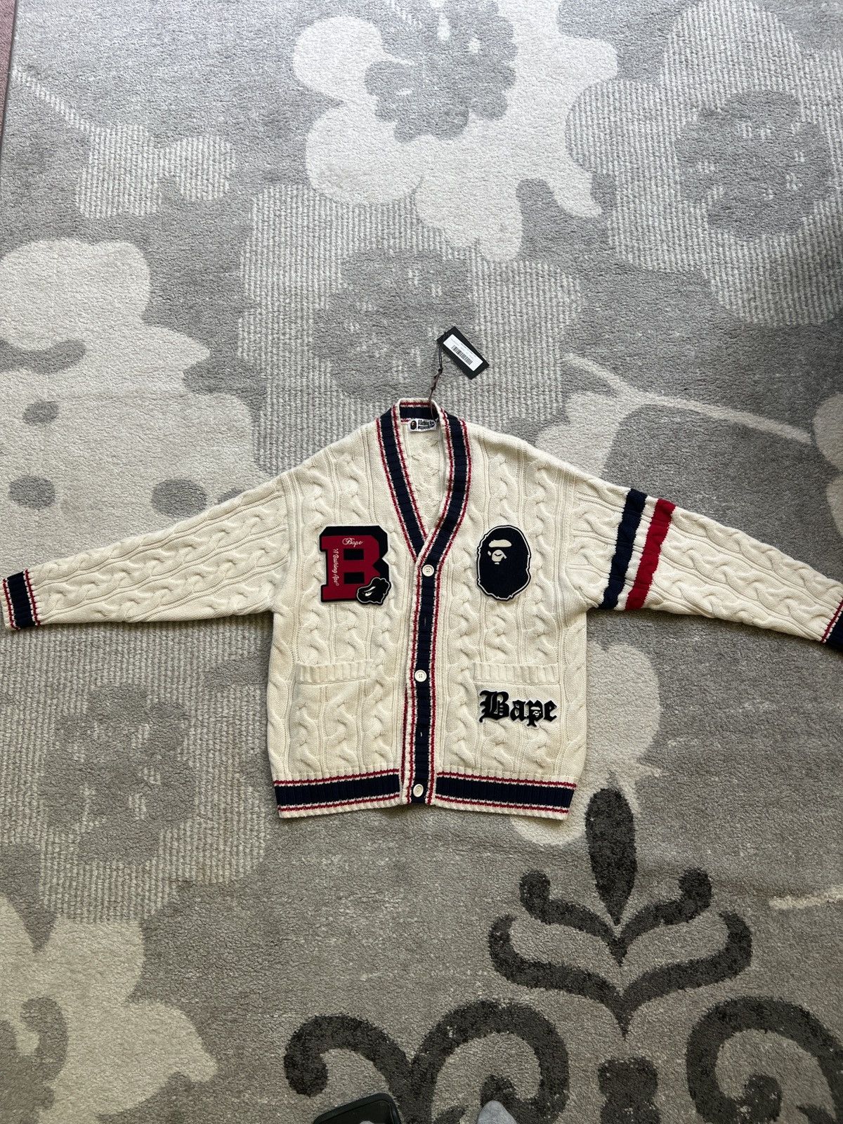 image of Bape College Badges Knit Cardigan in Ivory, Men's (Size Large)