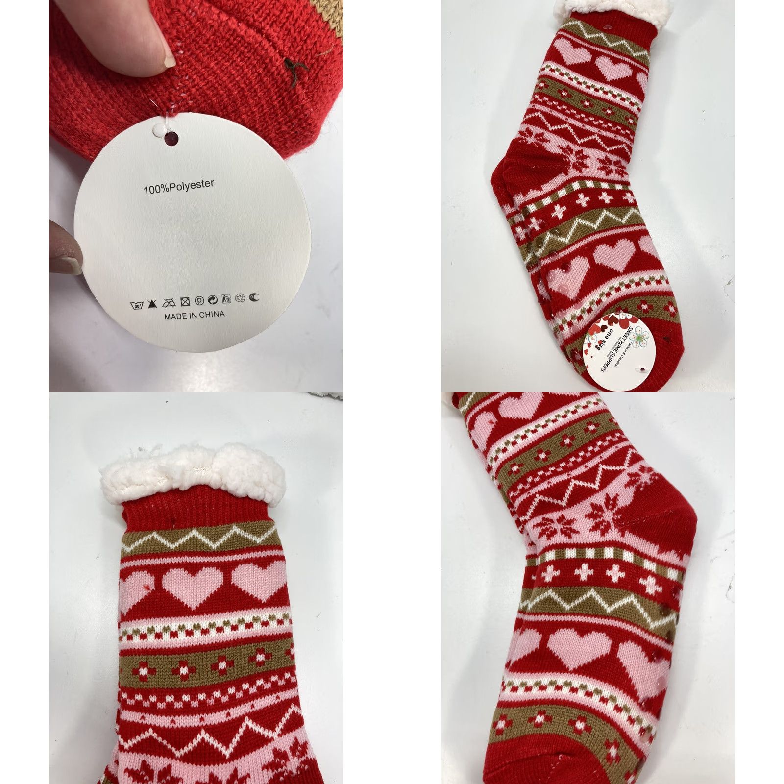 Vintage Sweet Home Slippers Socks Women Slipper One Size Fleece Lining Heart Snow NWT Red White Christmas Holiday Winter Cushioned Non-Slip Mid Calf Socks Size ONE SIZE - 8 Thumbnail