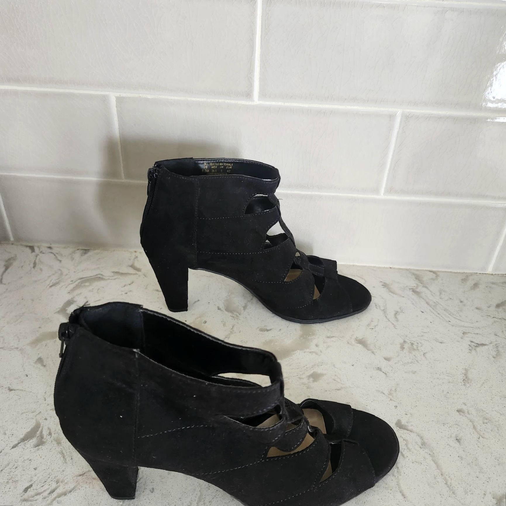Vintage Metaphor Black Suede Heels Open Toe Peep Toe Cut Out Ankle Boot Sz 9.5M Womens Heel Block Zip Size US 10 / IT 40 - 5 Thumbnail