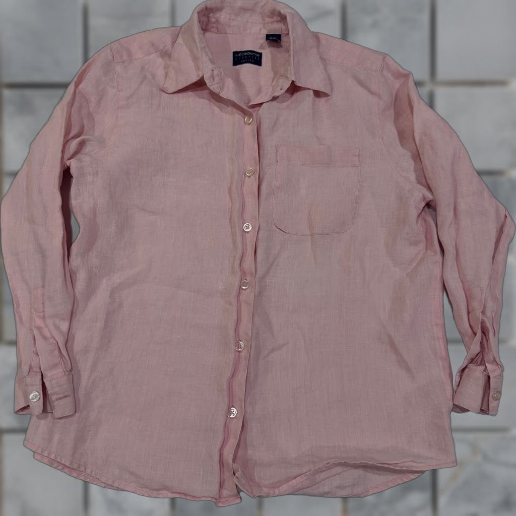 Liz Claiborne Liz Claiborne Button-Up Shirt Petites M Pink 100% Linen Long Sleeve Pocket Size M / US 6-8 / IT 42-44 - 1 Thumbnail