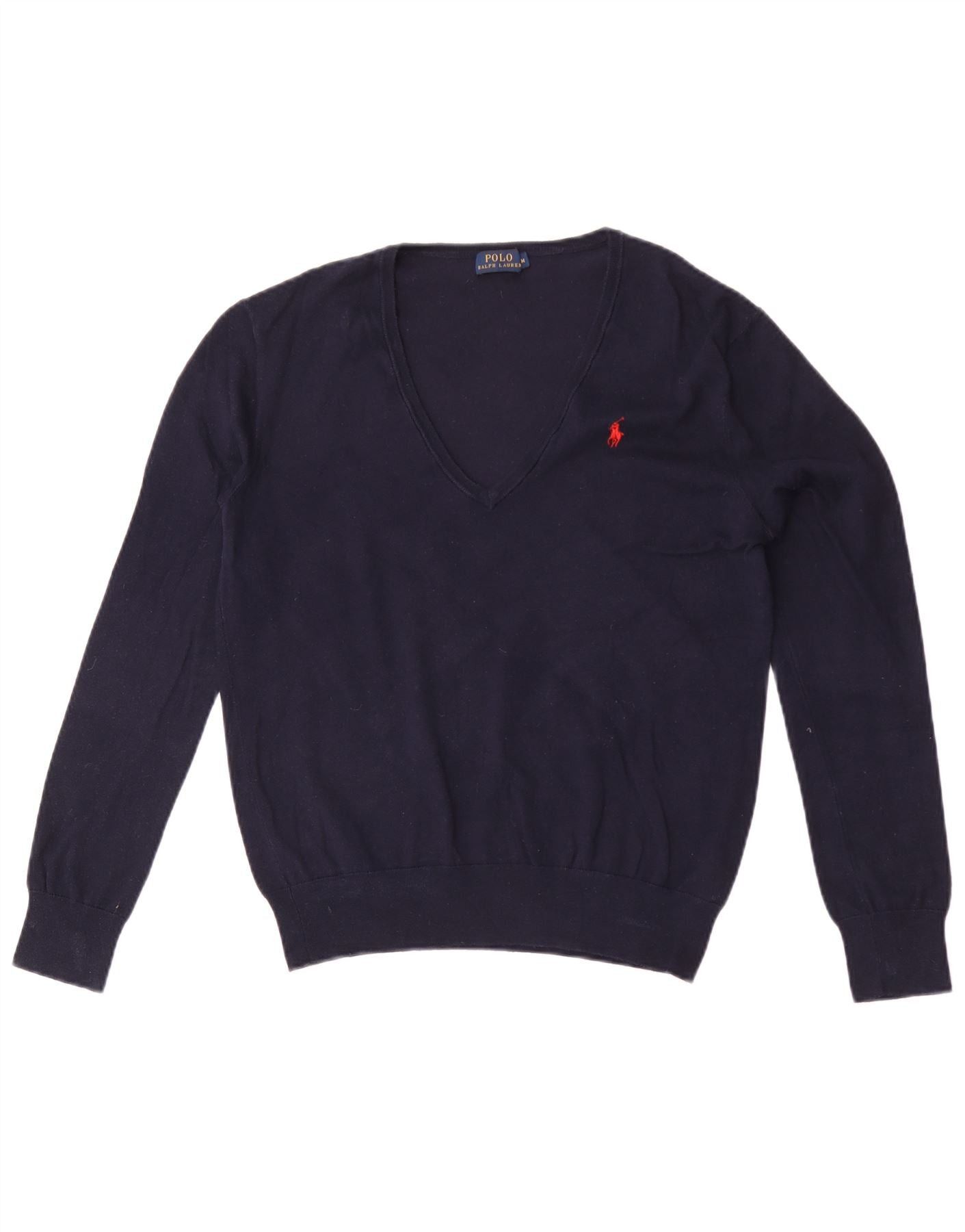 Polo Ralph Lauren Womens V-Neck Jumper Sweater UK 14 Medium Navy Blue Size S / US 4 / IT 40 - 1 Thumbnail