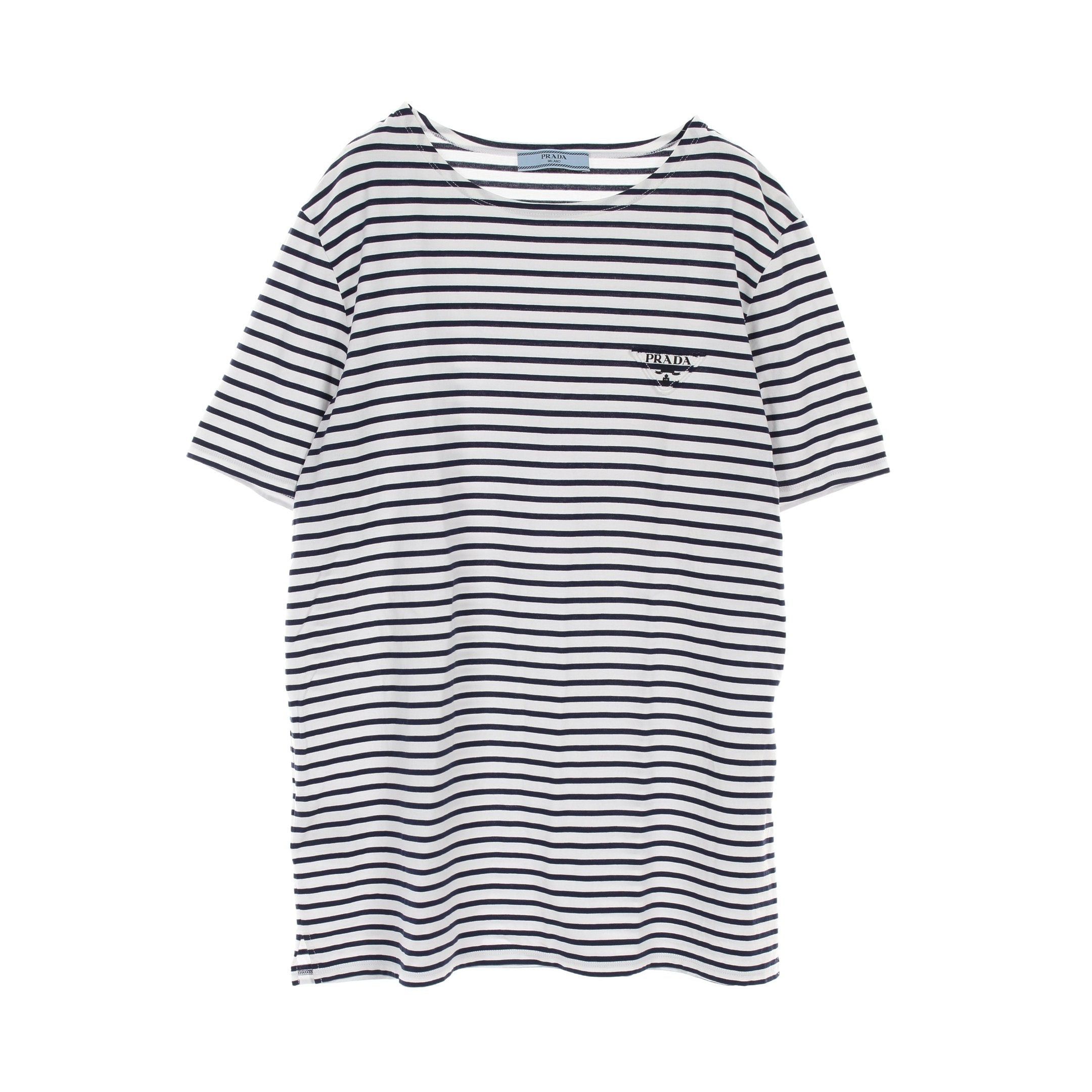 Prada T-Shirt Stripes Cotton White Navy Triangle Logo