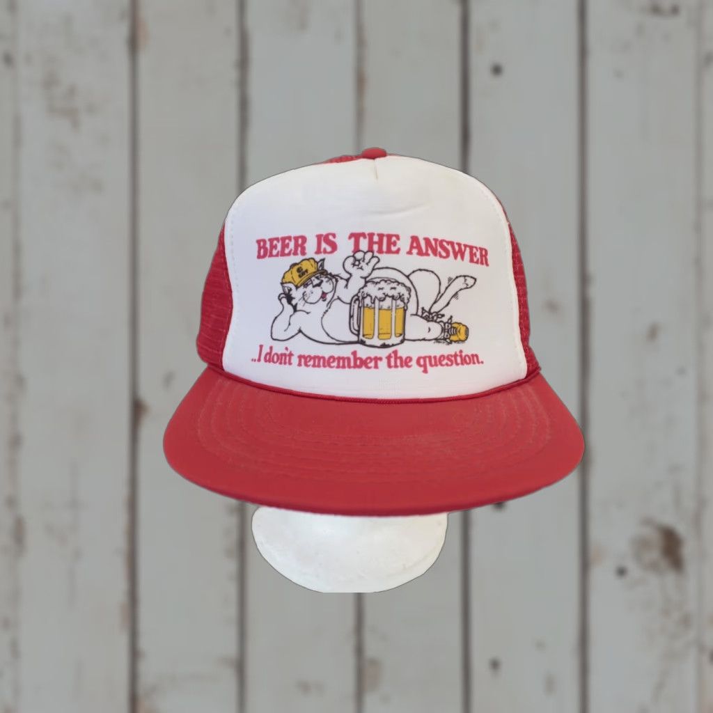 Vintage VINTAGE Beer is the Answer I don’t Remember the Question Trucker Hat Red Unbranded 80s 90s Adult Adjustable Red Cat Hats Mens Womens Size ONE SIZE - 1 Thumbnail