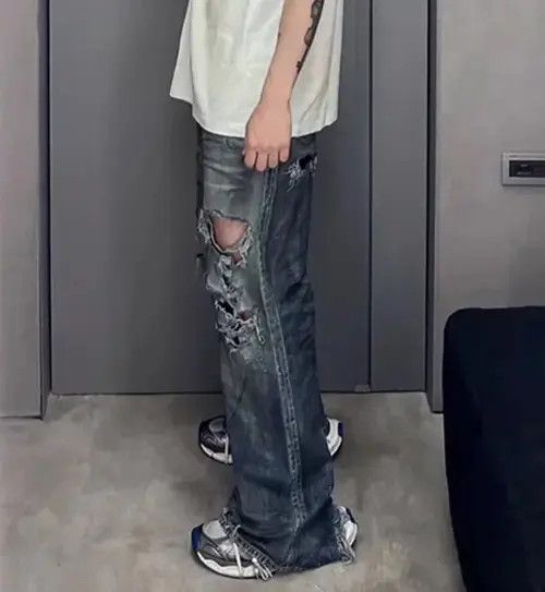 High Sport Frayed Damaged Hole Baggy Wide Leg Jeans Size US 30 / EU 46 - 2 Thumbnail