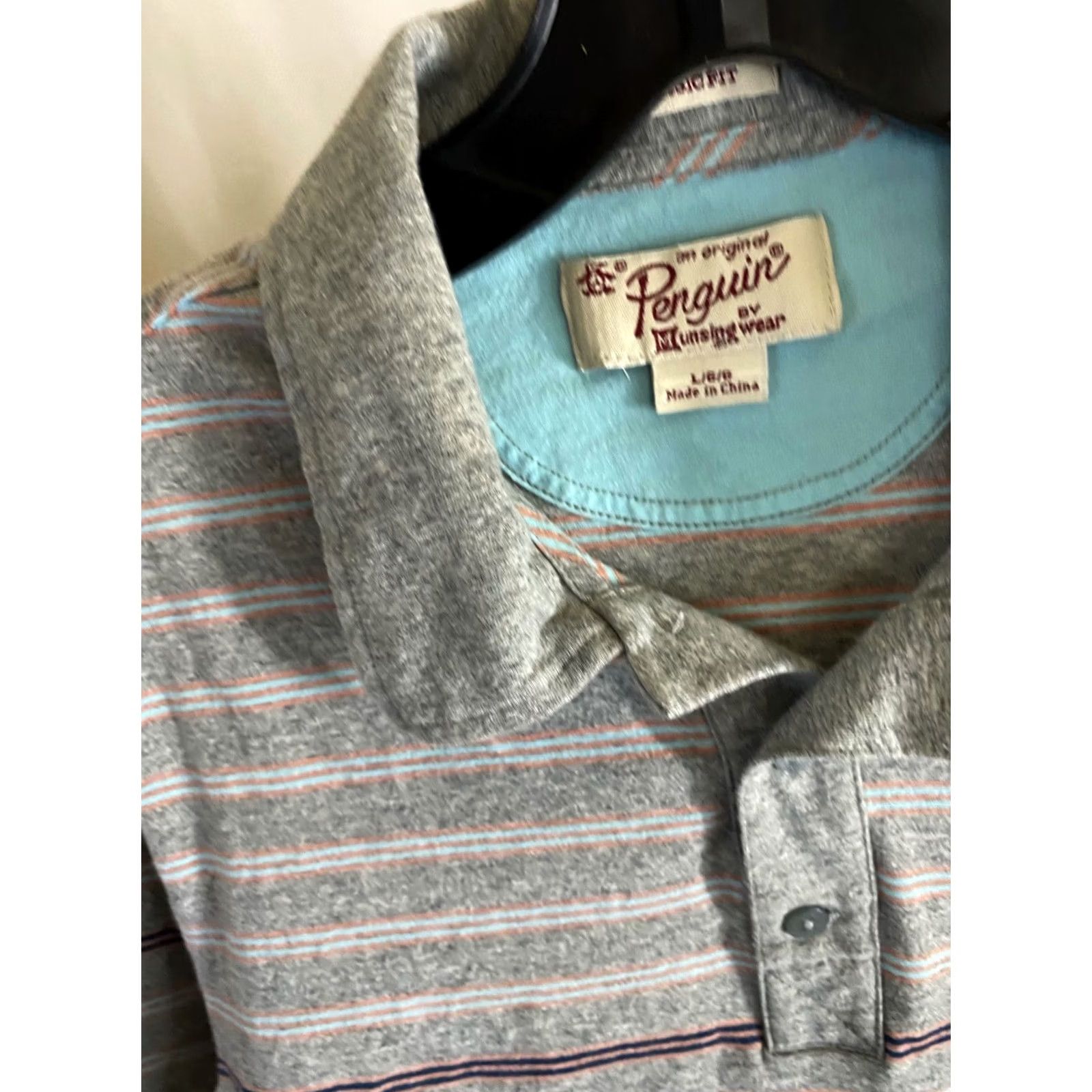 Vintage Penguin Polo Shirt Mens L Gray Tangerine Stripe Pocket Classic Fit Size US L / EU 52-54 / 3 - 5 Thumbnail