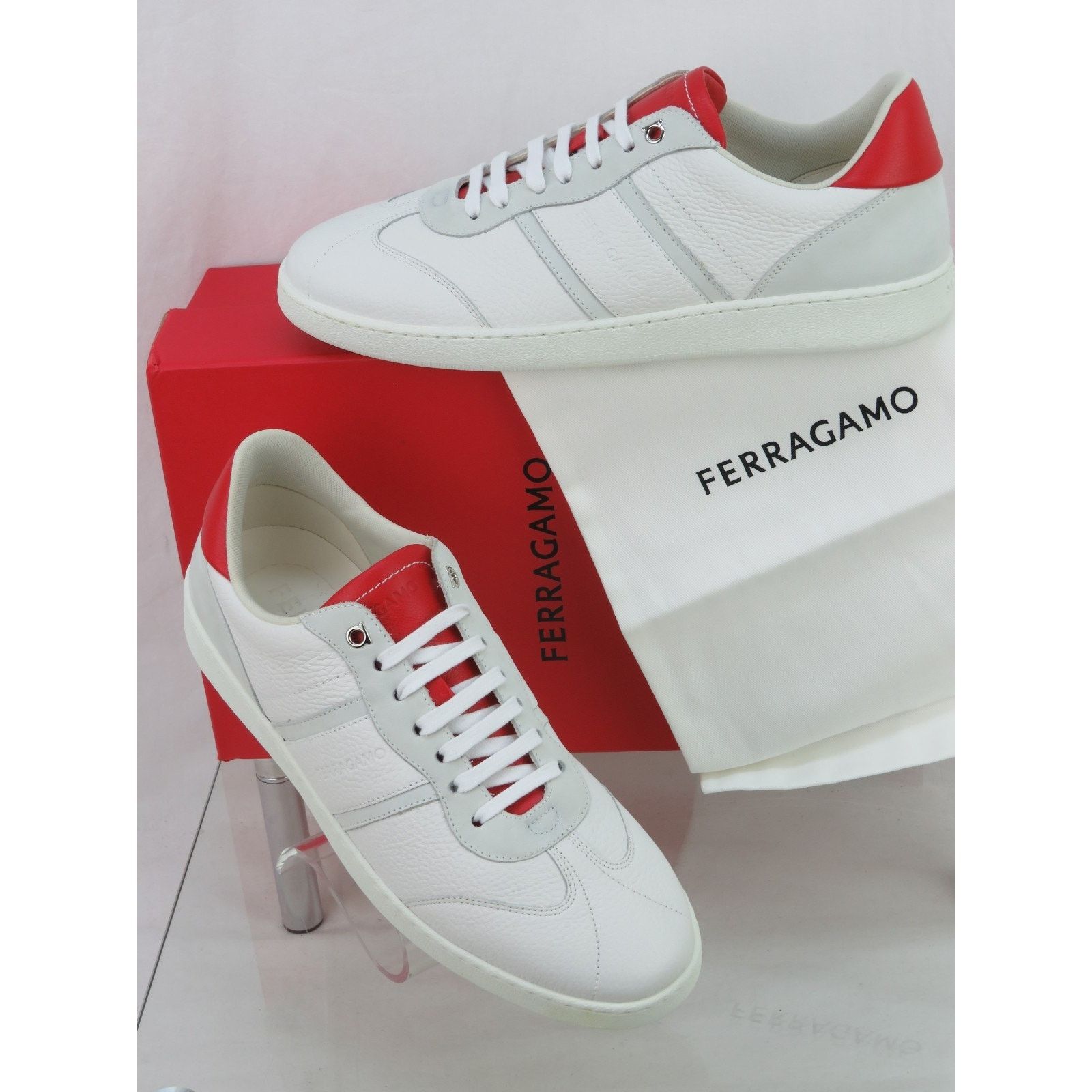 Salvatore Ferragamo FERRAGAMO ACHILLE WHITE RED LEATHER LOGO SNEAKERS 11.5 ITALY Size US 11.5 / EU 44-45 - 1 Thumbnail