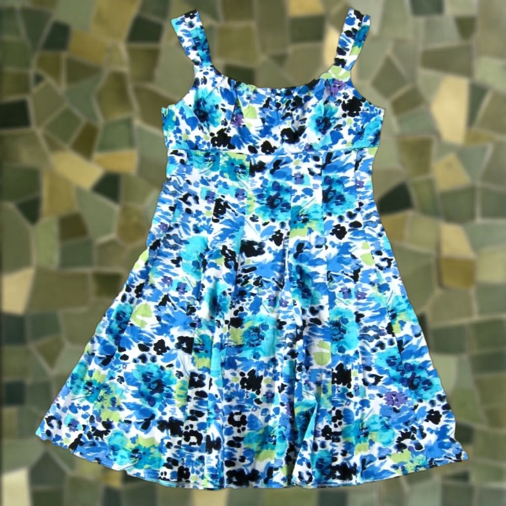 Madison Madison Leigh Blue Green Black White Floral Cotton Stretch Sheath Tank Dress 10P Size L / US 10 / IT 46 - 1 Thumbnail